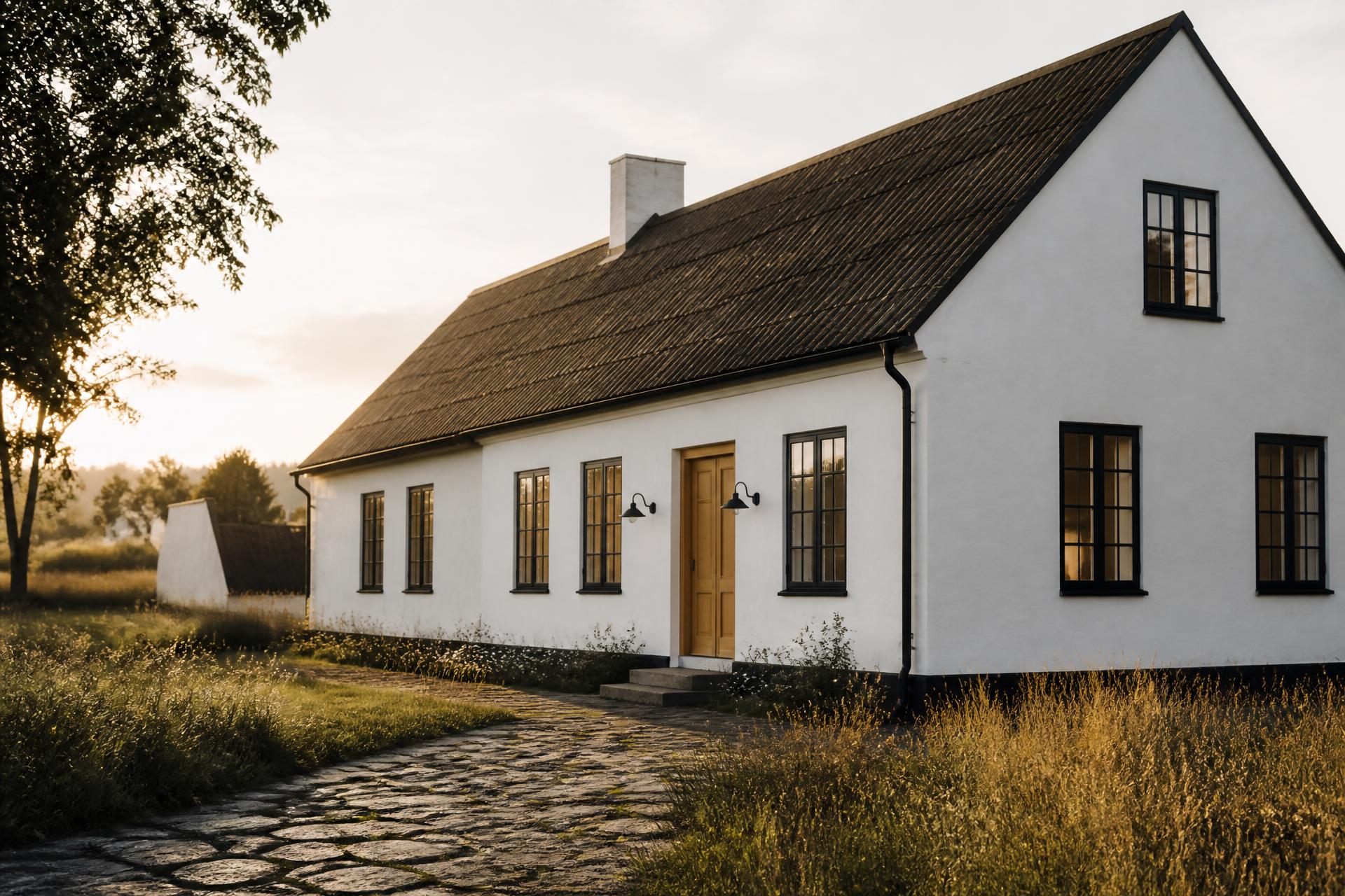 Vitkalkad gård i det skånska landskapet